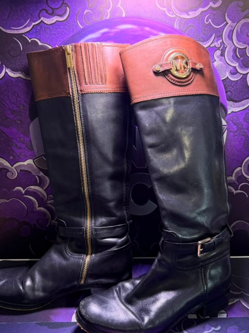 Michael Kors Fulton Two Tone Leather Riding Boots Black Cognac Brown MK Gold 8M